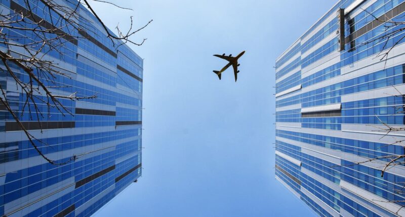 plane in two buildings